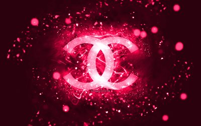 Chanel pink logo, 4k, pink neon lights, creative, pink abstract background, Chanel logo, fashion brands, Chanel