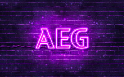 AEG violet logo, 4k, violet brickwall, AEG logo, brands, AEG neon logo, AEG