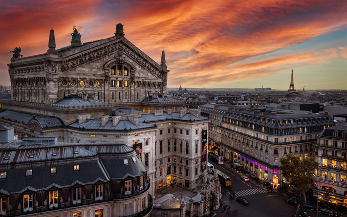 parigi, sera, tramonto, architettura parigina, torre eiffel, panorama parigino, paesaggio urbano parigino, francia