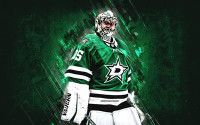 Anton Khudobin, Dallas Stars, NHL, Russian hockey player, goalkeeper, green stone background, hockey, USA