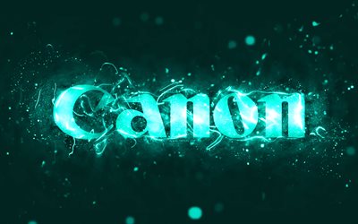 Canon turquoise logo, 4k, turquoise neon lights, creative, turquoise abstract background, Canon logo, brands, Canon