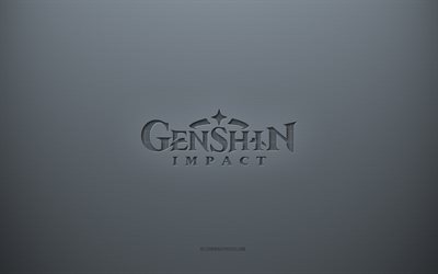 genshin impact -logo, harmaa luova tausta, genshin impact -tunnus, harmaa paperin rakenne, genshin impact, harmaa tausta, genshin impact 3d -logo