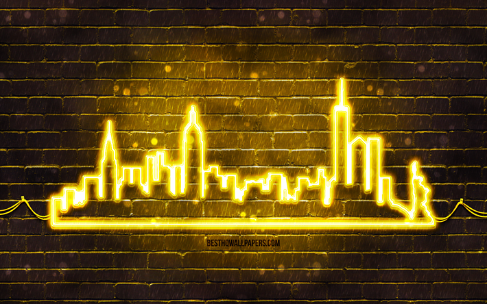 New York yellow neon silhouette, 4k, yellow neon lights, New York skyline silhouette, yellow brickwall, american cities, neon skyline silhouettes, USA, New York silhouette, New York, NYC