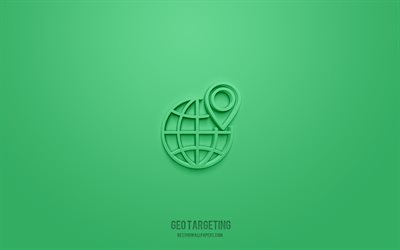 icona 3d di targeting geografico, sfondo verde, simboli 3d, targeting geografico, icone seo, icone 3d, segno di targeting geografico, icone seo 3d