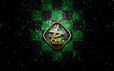 OH Leuven, glitter logo, Jupiler Pro League, green black checkered background, soccer, belgian football club, OH Leuven logo, mosaic art, football, OH Leuven FC