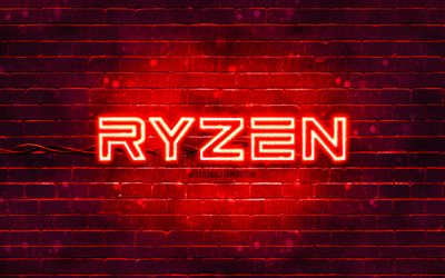 logotipo vermelho amd ryzen, 4k, parede de tijolos vermelhos, logotipo amd ryzen, marcas, logotipo neon amd ryzen, amd ryzen