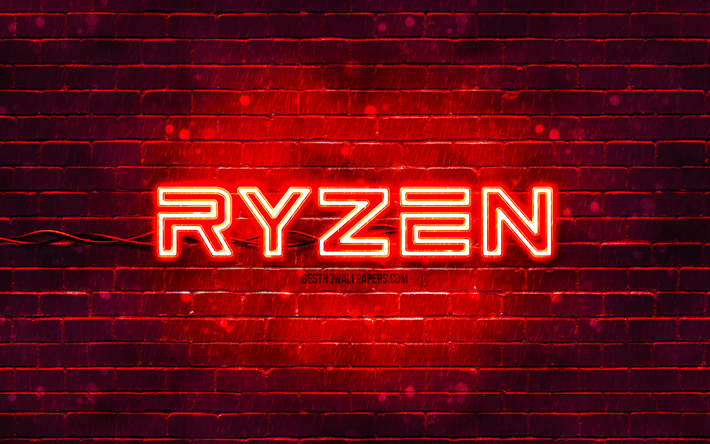 AMD Ryzen red logo, 4k, red brickwall, AMD Ryzen logo, brands, AMD Ryzen neon logo, AMD Ryzen