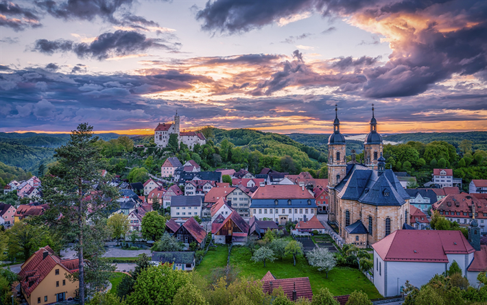 gossweinstein, katedraali, ilta, auringonlasku, saksalainen kaupunki, gossweinsteinin panoraama, gossweinsteinin kaupunkikuva, baijeri, saksa