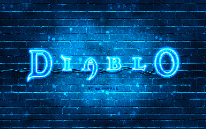 ディアブロ ブルー ロゴ, 4k, 青レンガ壁, ディアブロのロゴ, ゲームブランド, ディアブロ・ネオンのロゴ, 悪魔