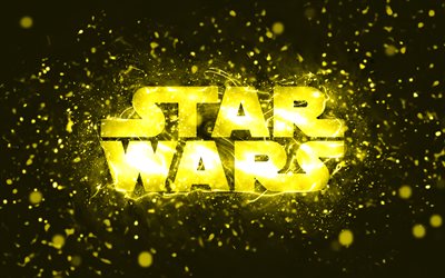 logotipo amarelo star wars, 4k, luzes de neon amarelo, fundo criativo, amarelo abstrato, logotipo star wars, marcas, star wars