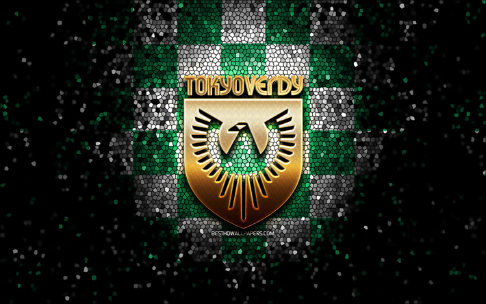 tokyo verdy fc, logo scintillant, j2 league, fond &#224; carreaux vert blanc, football, club de football japonais, logo tokyo verdy, mosa&#239;que, tokyo verdy