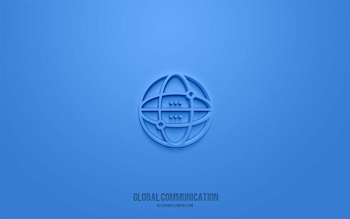 globale kommunikation 3d-symbol, blauer hintergrund, 3d-symbole, globale kommunikation, technologiesymbole, globales kommunikationszeichen, technologie 3d-symbole