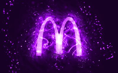 logo viola mcdonalds, 4k, luci al neon viola, creativo, sfondo astratto viola, logo mcdonalds, marchi, mcdonalds