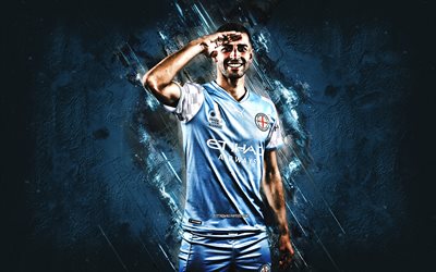 Manuel Pucciarelli, Melbourne City FC, Italian soccer player, portrait, blue stone background, grunge art, Pucciarelli Melbourne City