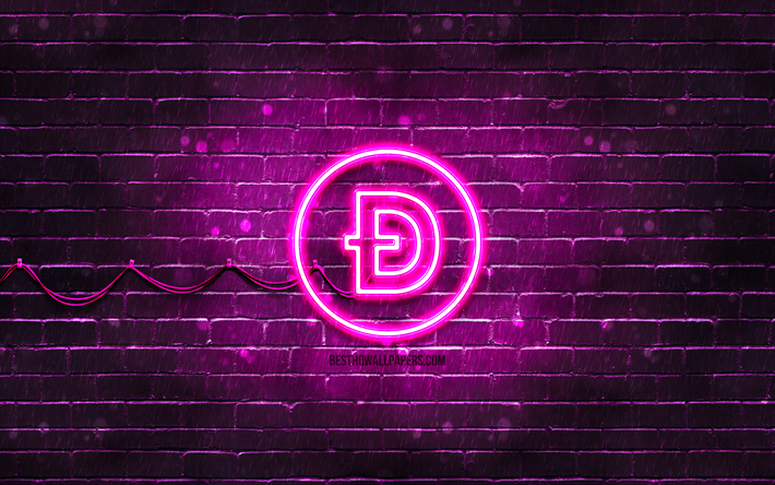 ドージコインパープルロゴ, 4k, 紫のレンガ壁, ドージコインのロゴ, 暗号通貨, ドージコインネオンロゴ, ドージコイン