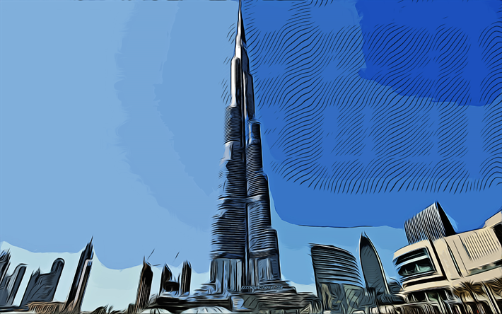 Download wallpapers Burj Khalifa, Dubai, UAE, 4k, vector art, Burj Khalifa  drawing, creative art, Burj Khalifa art, vector drawing, Dubai cityscape  for desktop free. Pictures for desktop free