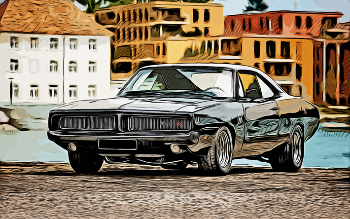 Dodge Charger, 4k, vector art, Dodge Charger drawing, creative art, Dodge Charger art, vector drawing, abstract retro cars, retro car drawings, Dodge