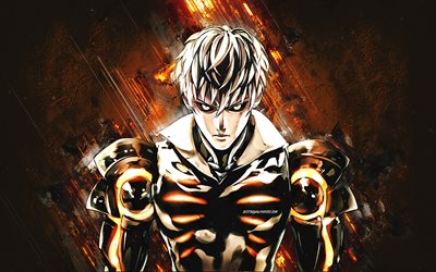 Genos, One-Punch Man, brown stone background, grunge art, OnePunchMan, Genos One-Punch Man