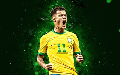 Philippe Coutinho, 4k, 2022, Brazil National Team, soccer, footballers, Philippe Coutinho Correia, green neon lights, Brazilian football team