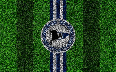 Arminia Bielefeld FC, 4k, squadra di calcio tedesca, calcio prato, logo, stemma, blu, bianco, linee, Bundesliga 2, Bielefeld, Germania, calcio, erba texture, DSC Arminia Bielefeld