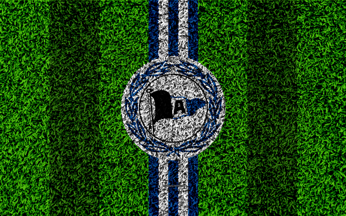 Arminia Bielefeld FC, 4k, German football club, football lawn, logo, emblem, blue white lines, Bundesliga 2, Bielefeld, Germany, football, grass texture, DSC Arminia Bielefeld