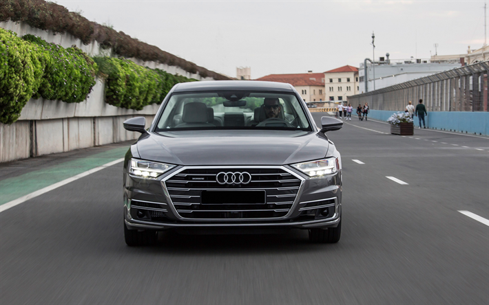 Audi A8, 2019, 4k, vista frontale, esterno, di lusso, berlina, grigio A8, auto tedesche, Audi