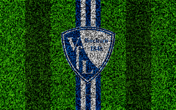 Bochum FC, 4k, Saksalainen jalkapalloseura, jalkapallo nurmikko, logo, tunnus, blue white lines, Bundesliga 2, Bochum, Saksa, jalkapallo, ruohon rakenne, VfL Bochum 1848