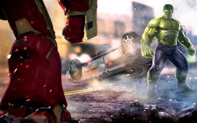 4k, Hulk vs Hulkbuster, taistelu, street, supersankareita, Hulk, Hulkbuster