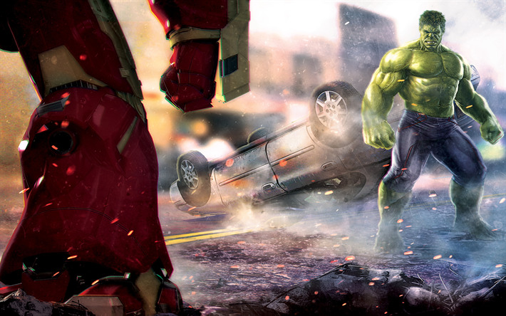 4k, Hulk vs Hulkbuster, battle, street, superheroes, Hulk, Hulkbuster