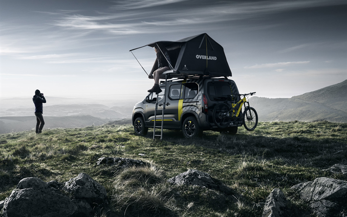 Peugeot Rifter, 2018, viajar de carro, tenda no telhado, ajuste, montanhas, novo preto Rifter, Peugeot