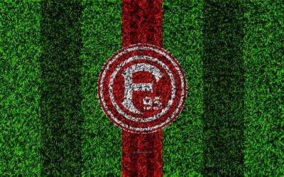 Fortuna Dusseldorf FC, 4k, German football club, football lawn, logo, emblem, red white lines, Bundesliga 2, Dusseldorf, Germany, football, grass texture