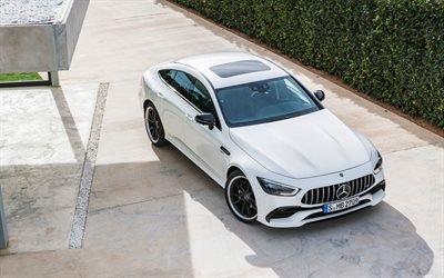 4k, Mercedes-AMG GT 4-D&#246;rrars Coupe, 2019 bilar, AMG, vit Mercedes, tyska bilar, Mercedes