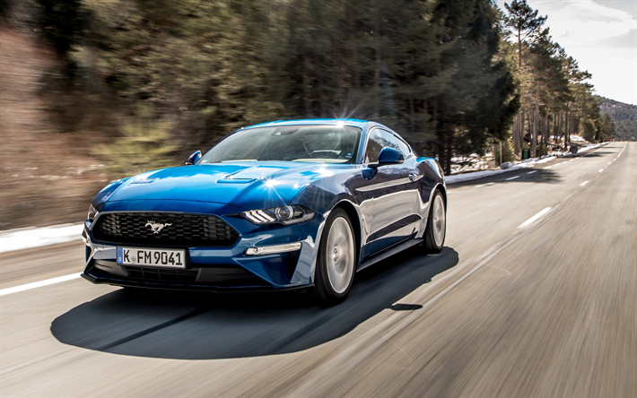 Ford Mustang, 2018, Ecoboost, Fastback, blue sports coupe, new blue Mustang, American cars, Ford