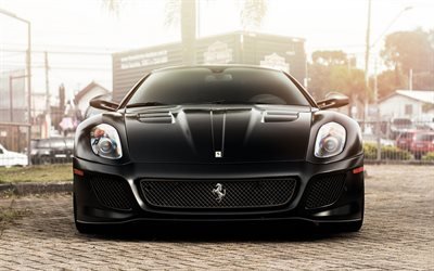 Ferrari 599 GTO, Noir, Black 599 GTO, exterior, front view, black supercar, Italian sports cars, Ferrari