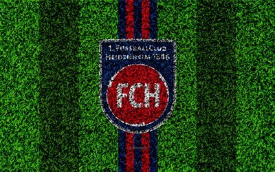 FC Heidenheim 1846, 4k, Dih&#228;resen club de football, football &#224; gazon, logo, embl&#232;me, red, blue lines, Ligue 2, Heidenheim an der Brenz, France, football, herbe textures