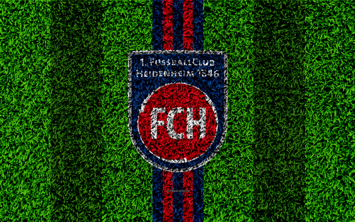 FC Heidenheim 1846, 4k, Dih&#228;resen football club, calcio prato, logo, stemma, red, blue lines, Serie 2, Heidenheim an der Brenz, Germania, calcio, grass texture