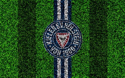 Holstein Kiel FC, 4k, German football club, football lawn, logo, emblem, white blue lines, Bundesliga 2, Kiel, Schleswig-Holstein, Germany, football, grass texture