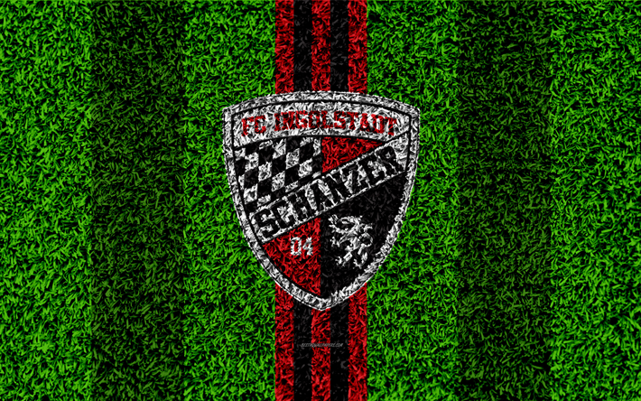FC Ingolstadt 04 ja, 4k, saksalainen jalkapalloseura, jalkapallo nurmikko, logo, tunnus, punainen musta linjat, Bundesliga 2, Baijeri, Saksa, jalkapallo, ruohon rakenne