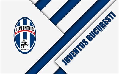FC Juventus Bucuresti, 4k, logo, material design, Romanian football club, blue-white abstraction, Liga 1, Bucharest, Romania, football