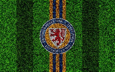 Eintracht Braunschweig FC, 4k, Tysk fotboll club, fotboll gr&#228;smatta, logotyp, emblem, gul bl&#229; linjer, Bundesliga 2, Braunschweig, Tyskland, fotboll, gr&#228;s konsistens