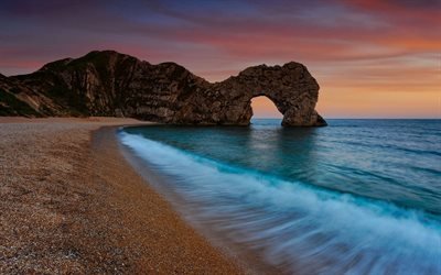 4k, Durdle Door, coast, beach, English Channel sunset, cliffs, Dorset, England, UK