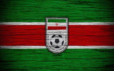 Iran national football team, 4k, logo, AFC, football, wooden texture, soccer, Iran, Asia, Asian national football teams, Iran Football Federation