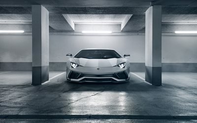 4k, Novitec Fastnat Lamborghini Aventador S, parkering, Bilar 2018, supercars, tuning, vit Aventador, Lamborghini