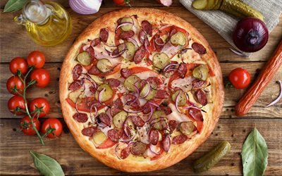 pizza with sausage, fast food, Italian dishes, pizza
