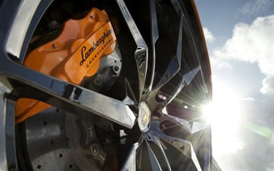 Lamborghini wheels, 4k, brake, caliper, wheel disks, bright sun