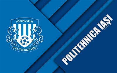 FC Politehnica Iasi, 4k, logo, design de material, Romeno de futebol do clube, azul abstra&#231;&#227;o, Liga 1, Iasi, Rom&#233;nia, futebol