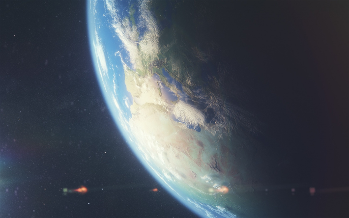Jorden, open space, kontinenter, vetenskap begrepp, soluppg&#229;ng fr&#229;n rymden