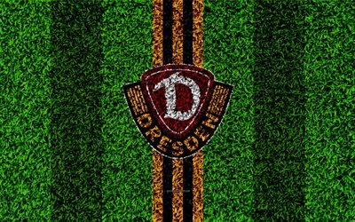 SG Dynamo Dresde, 4k, club de football allemand, football de la pelouse, le logo, l&#39;embl&#232;me, le jaune des lignes noires, de la Bundesliga 2, Dresde, en Allemagne, le football, la texture d&#39;herbe