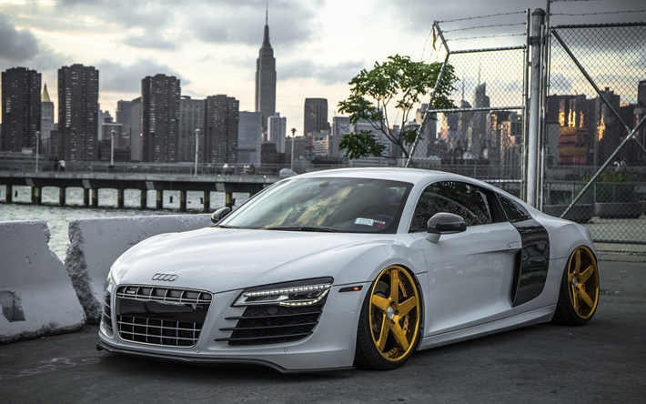 Audi R8, supercars, white r8, cityscapes, tuning, Audi