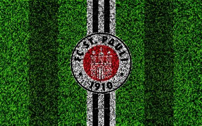 St Pauli FC, 4k, german football club, football lawn, logo, emblem, white black lines, Bundesliga 2, Hamburg, Germany, football, grass texture